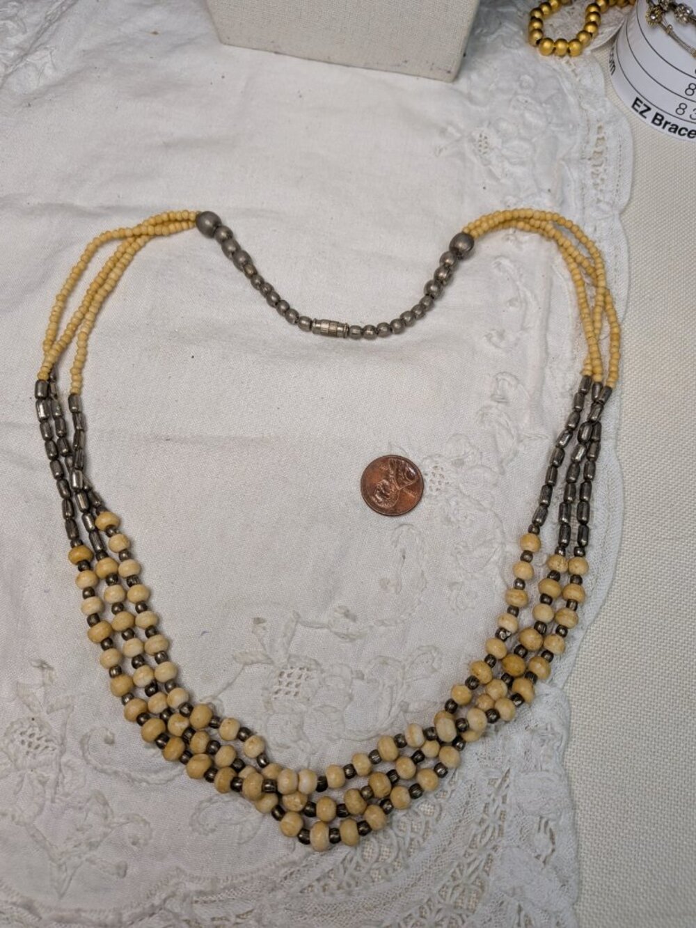 Vintage Bone & Silver‑Tone Three‑Strand Necklace, 22"